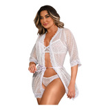 Robe Roupão Feminino Com Calcinha E Sutiã Em Renda Sensual