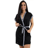 Robe Roupão Feminino Malha Curto Detalhe Oncinha