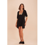 Robe Roupão Preto Com Detalhes De Renda Nas Mangas