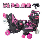 Roller Patins Infantil Rosa 4 Rodas Kit Proteção