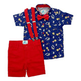 Roupa Festa Infantil Circo Aniversário Camisa Social Temática Bermuda Suspensório E Gravata Menino