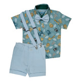 Roupa Festa Infantil Safari Baby Com Camisa Social Temática Bermuda E Suspensório Infantil