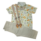 Roupa Festa Safari Bege Conjunto Com Camisa Temática Bebê