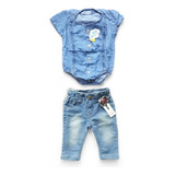 Roupa Infantil Calça Jeans Lycra E Camisa Body Bebê Menina