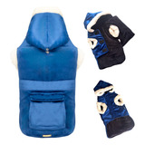 Roupa Pet Cachorro Casaco Inverno Azul Forro Soft Com Capuz