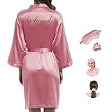 Roupão De Noiva Quimono Feminino Cetim Dama De Honra Festa De Casamento Roupão De Noiva Roupão Matinal Roupão De Seda Vestido De Seda Rosa Pálida B Tamanho Único