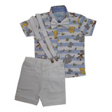 Roupas De Bebe Menino Camisa Social Infantil Tematica Safari Baby Com Bermuda Social Gravata Infantil E Suspensorio