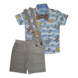 Roupas De Bebe Menino Camisa Social Infantil Tematica Safari Baby Com Bermuda Social Gravata Infantil E Suspensorio