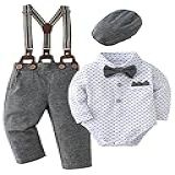 Roupas Sociais Para Bebês Meninos Roupas De Cavalheiro Body Gravata Borboleta Chapéu Boina Calças Suspensas 0 18 Meses Cinza 3 6 Months