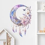 RoyoLam Decalques De Parede Roxo Apanhador De Sonhos Adesivos De Vinil Florais De Lua Removível Para Berçário- Sala De Estar E Sala De Jogos Infantil- Tema De Fantasia- Arte De Parede