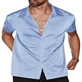 Runcati Camisa Social Masculina Luxuosa De Cetim De Seda Casual De Botão Manga Curta Festa De Formatura Casamento Azul G