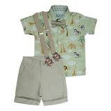 Safari Roupa Festa Menino Camisa Temática Short Suspensório