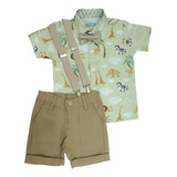Safari Roupa Festa Mickey Safári Verde Menino Conjunto Social Camisa Temática  Bermuda Com Suspensório Infantil