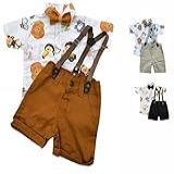 Safari Zoo Kit Roupa Conjunto Infantil Menino 4 Peças Camisa Gravata Bermuda E Suspensório Aniversário Mesversário Branco 1 Ano CAramelo 