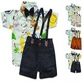 Safari Zoo Kit Roupa Conjunto Infantil Menino 4 Peças Camisa Gravata Bermuda E Suspensório Aniversário Mesversário Verde 6 A 11 Meses Bege 