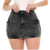Saia Cargo Jeans Feminina Marmorizada Lycra Empina Bumbum