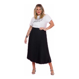 Saia Feminina Midi Plissada Plus Size Cores Lisas G4 G5 G6