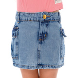 Saia Jeans Cargo Infantil Menina Bolsos Laterais