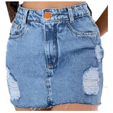 Saia Jeans Cintura Alta Rasgada Barra Desfiada Basica Curta
