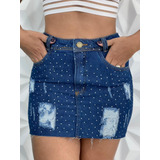 Saia Jeans Com Brilho Destroyed Feminina Com Barra Desfiada