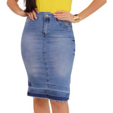 Saia Jeans Com Lavagem Clara Detalhes De Lavagem Na Barra