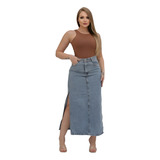 Saia Jeans Longa Midi Feminina Cintura Alta Com Fenda