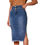 Saia Jeans Midi Evangélica Com Elastano Abertura Lateral
