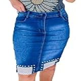 Saia Jeans Moda Evangélica Secretária Feminina C/pérolas Barra Com Renda Luxo E Lycra Cintura Alta Lavagem Escura (40, Lavagem Escura)