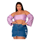 Saia Jeans Plus Size Cintura Alta Barra Desfiada Destroyed