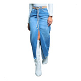 Saia Longa Jeans Feminina Cós Alto Fenda Frontal E Cinto