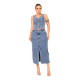 Saia Longa Jeans Fenda