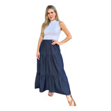 Saia Longa Três Marias Em Camadas Rodada Cintura Alta Jeans
