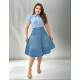 Saia Midi Evasê Rodada godê Jeans Com Elastano