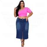 Saia Midi Jeans Plus Size Abertura Fenda Frontal Evangélica