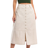 Saia Midi Linho Premium Moda Evangélica De Botões Luxo