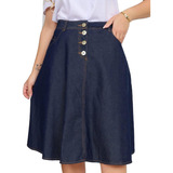 Saia Moda Evangelica Jeans Godê Midi Frente Botão Comportada