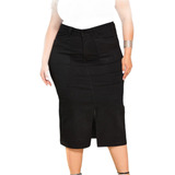 Saia Preta Jeans Feminina Midi Com Fenda Moda Grande