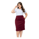 Saia Secretária Plus Size Reta Evangélica Bolso Alfaiataria