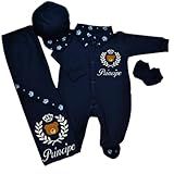 Saída De Maternidade Príncipe Urso Azul Marinho 04 Peças 100- Algodão Roupas Para Bebê -BR- Alfa- P- AZUL-