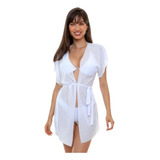 Saída De Praia Elegante Kimono Vestido Curto Branco Leve