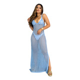 Saída De Praia Longa Tricô Vestido Alça Tricot Moda Verão