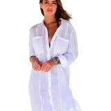 Saida De Praia Vestido Chemise Chamise Manga Longa Camisão