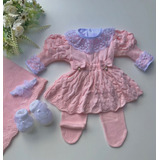 Saída Maternidade De Menina Vestido Rosa Bebê Tricô 6 Peças