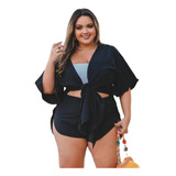 Saída Praia Conjunto Camisão Manga Curta Short Plus Size