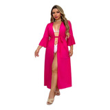 Saída Praia Longa Fenda Feminino Canga Quimono Vestido Midi