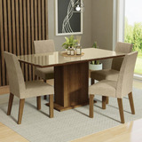 Sala Jantar Estofada Mesa Tampo Vidro 4 Cadeiras Avril Madesa Imp Cor Rustic crema imperial