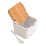 Saleiro De Mesa Açucareiro Porcelana Tampa Bambu Com Colher