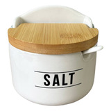 Saleiro De Mesa Em Porcelana Com Colher E Tampa De Bambu Branco