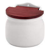 Saleiro De Porcelana Parede Porta Sal Fixo Tampa Madeira 1kg