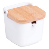 Saleiro Porcelana Branca Tampa Bambu E Colher 9x9cm